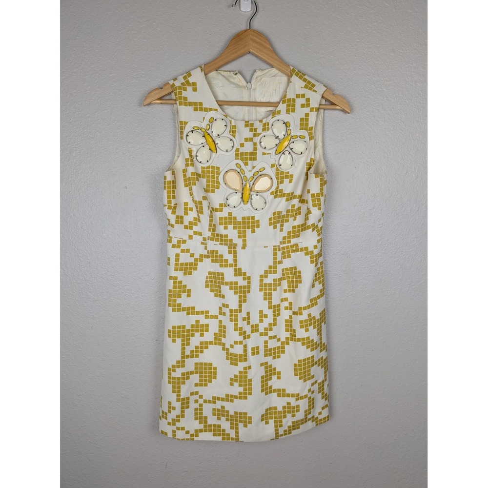 Karta Dress Womens Medium Yellow Butterfly‎ Beaded Sheath Mini Geometric